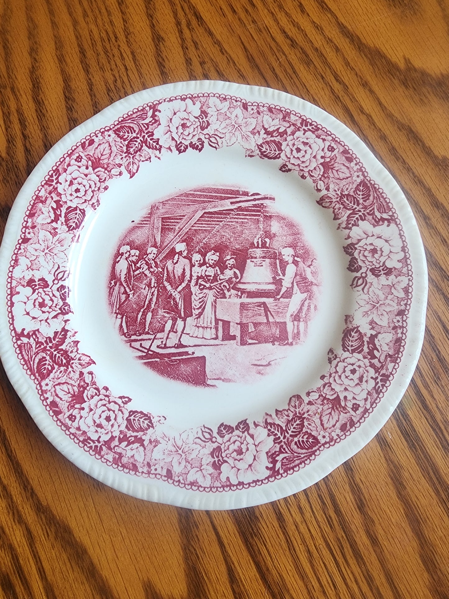 Vintage 1939 Homer Laughlin 7 3/8" salad plate in the "Historical America" pink transferware pattern