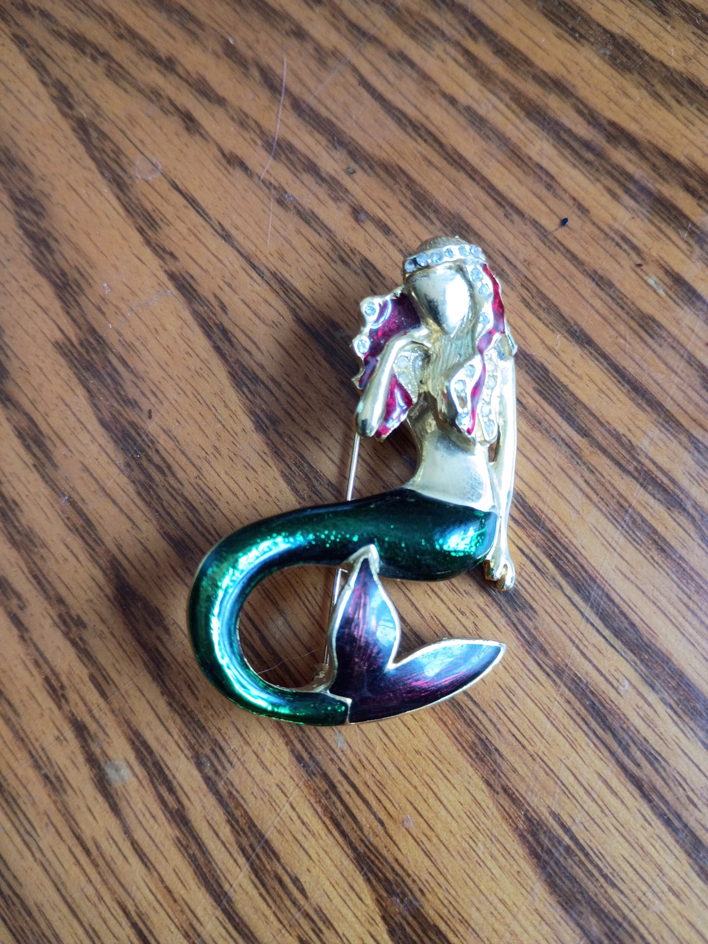 Vintage Style Gold Tone Enamel Mermaid Brooch Pin