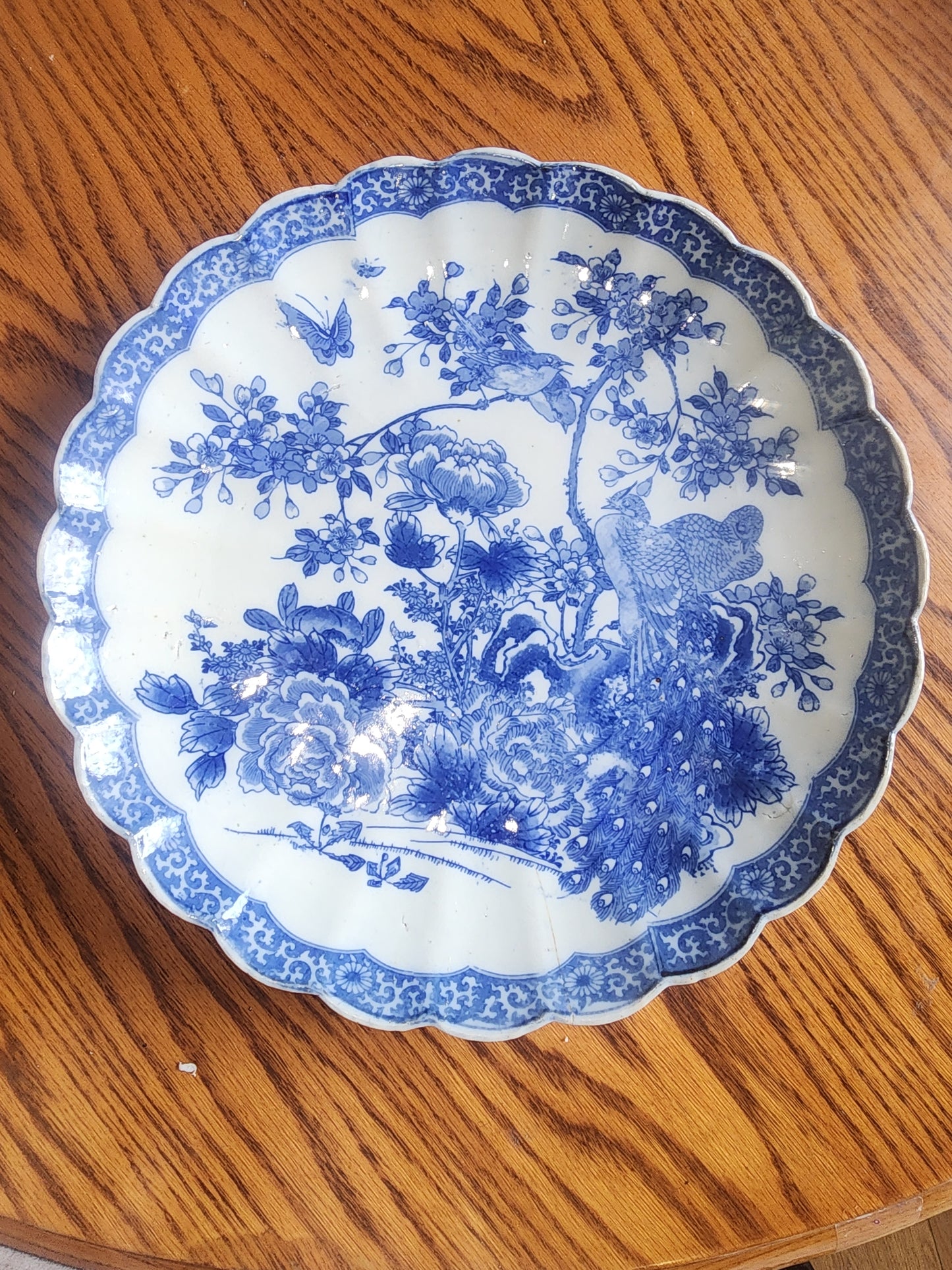 Antique Japanese Arita Blue & White 12" Shallow Bowl Peacock & Peony  Meiji Style