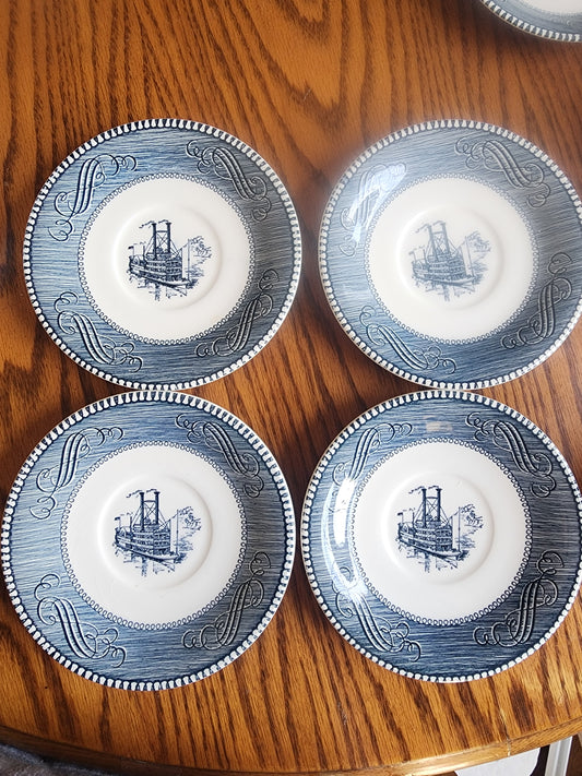 Set of 4 Vintage Currier & Ives Blue and White Saucers