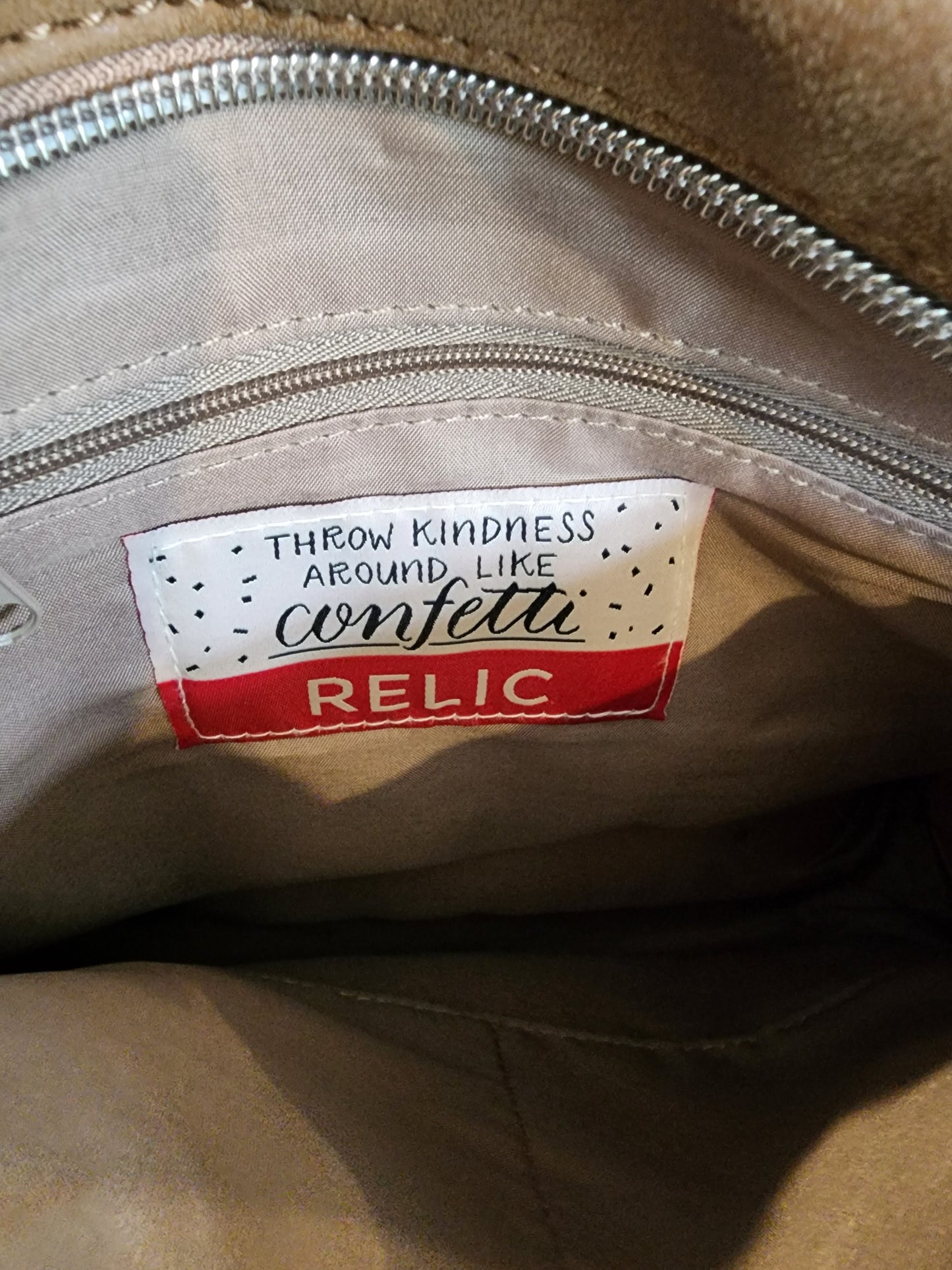 Relic Confetti Purse Shoulder Crossbody Bag 3 Zippers-Tassels Light Weight Brown