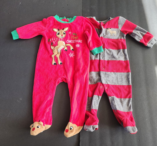 Festive Red Velour Baby's First Christmas & Red and Gray stripe sleeper with a moose