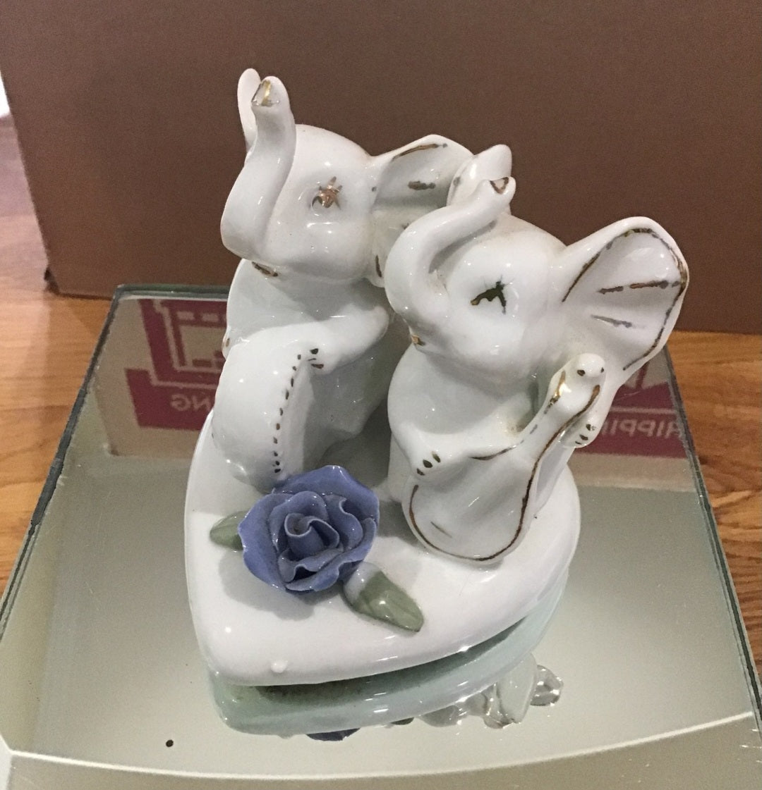 Vintage Victorian  2 sets of Porcelain Elephants on heart base with rose accents