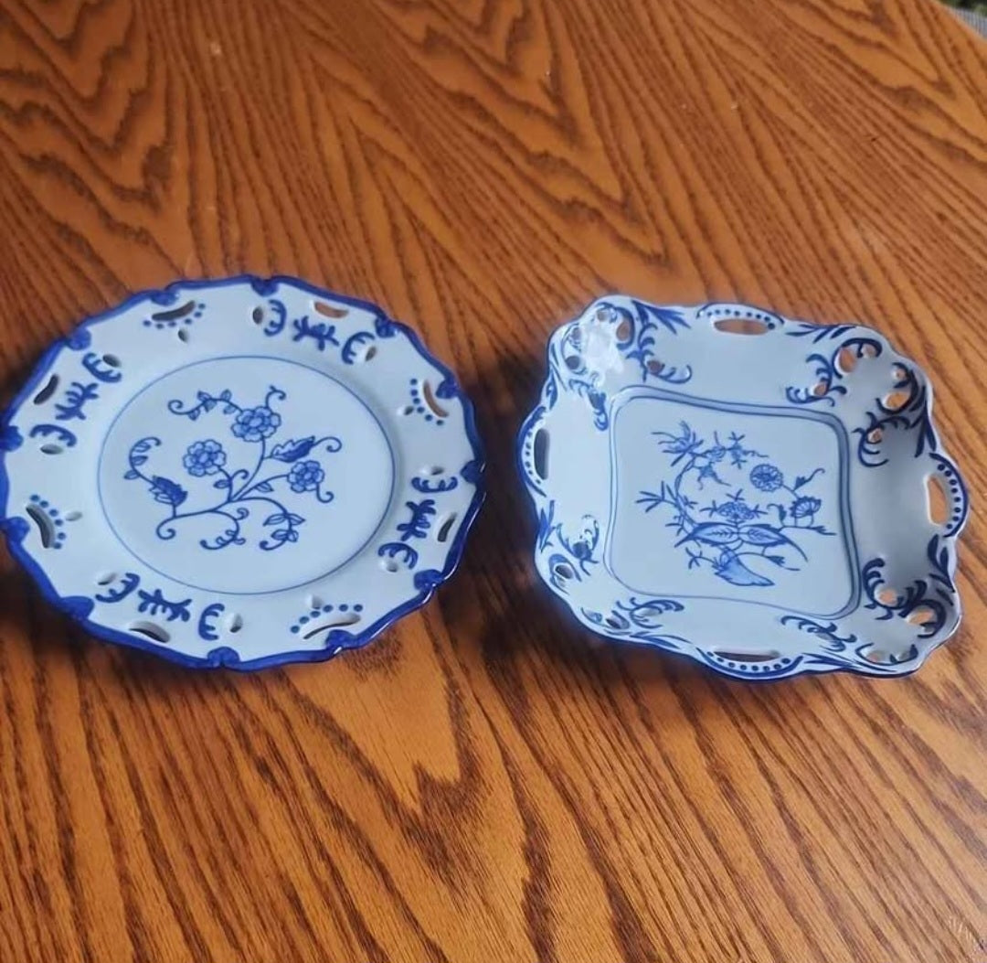 Lillian Vernon Scalloped Reticulated Round & square Blue White Porcelain Plates 7.75"
