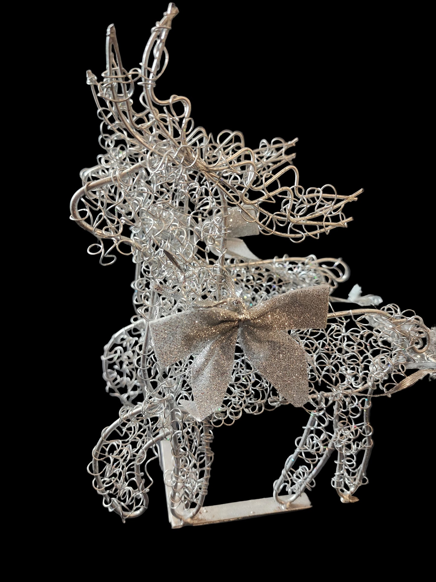Santa's Sleigh & Reindeer Silver Twisted Wire Christmas Centerpiece 17.50” long