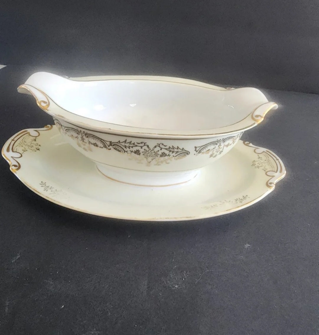 Vintage Ransom China Japan Gravy Boat with Attached Underplate - Gold Trim