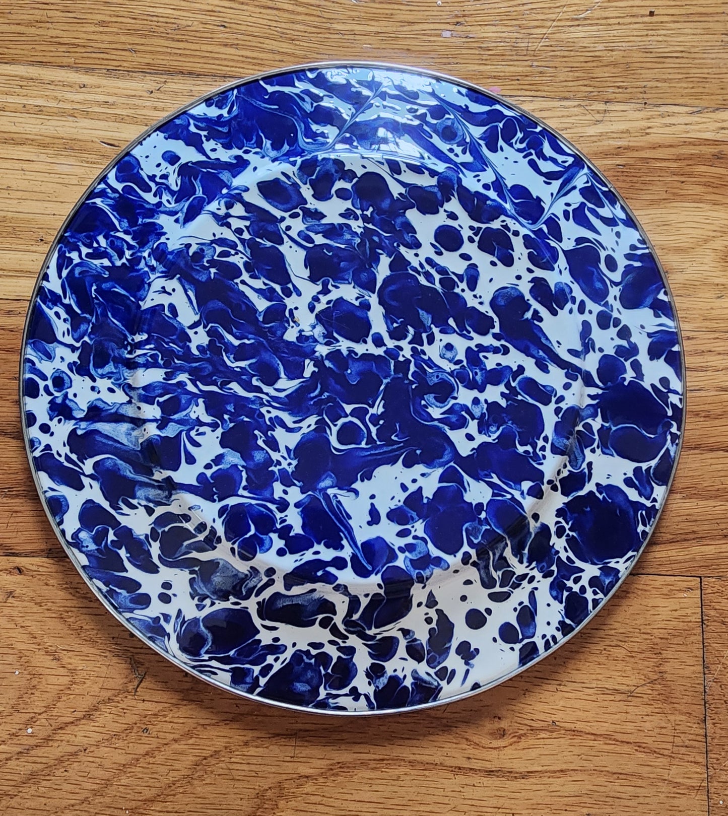 Vintage Enamelware Dinner Plates Cobalt Blue Spatterware 8.5” set of 2