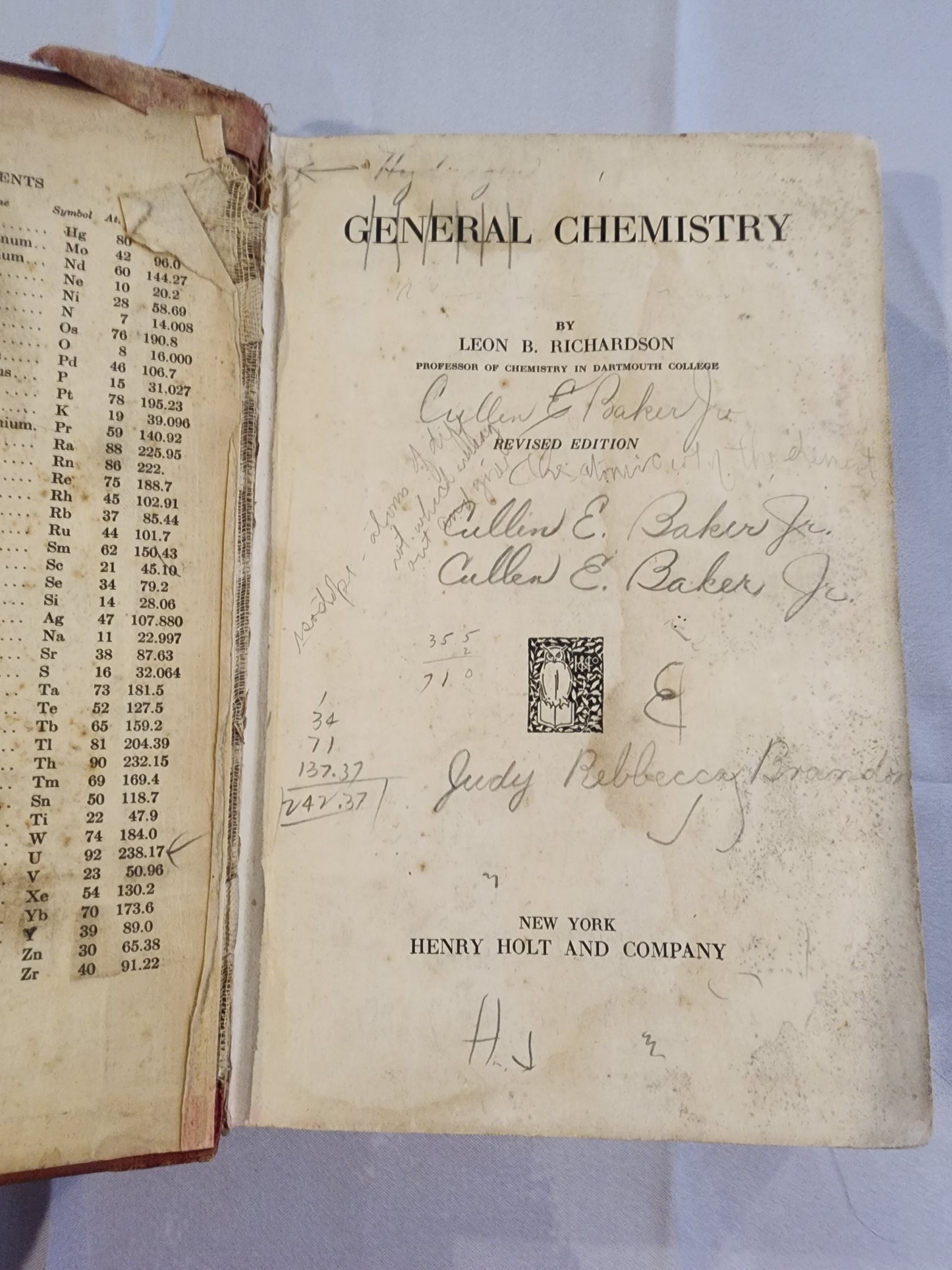 GENERAL CHEMISTRY Leon B. Richardson  [Hardcover] 1932 Textbook