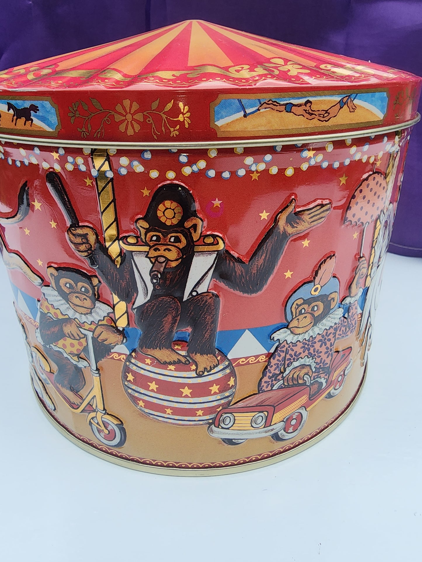 Vintage Poul Friis Big Top Circus Empty Cookie Tin Featuring Elephants, Horses, Monkeys & Lions