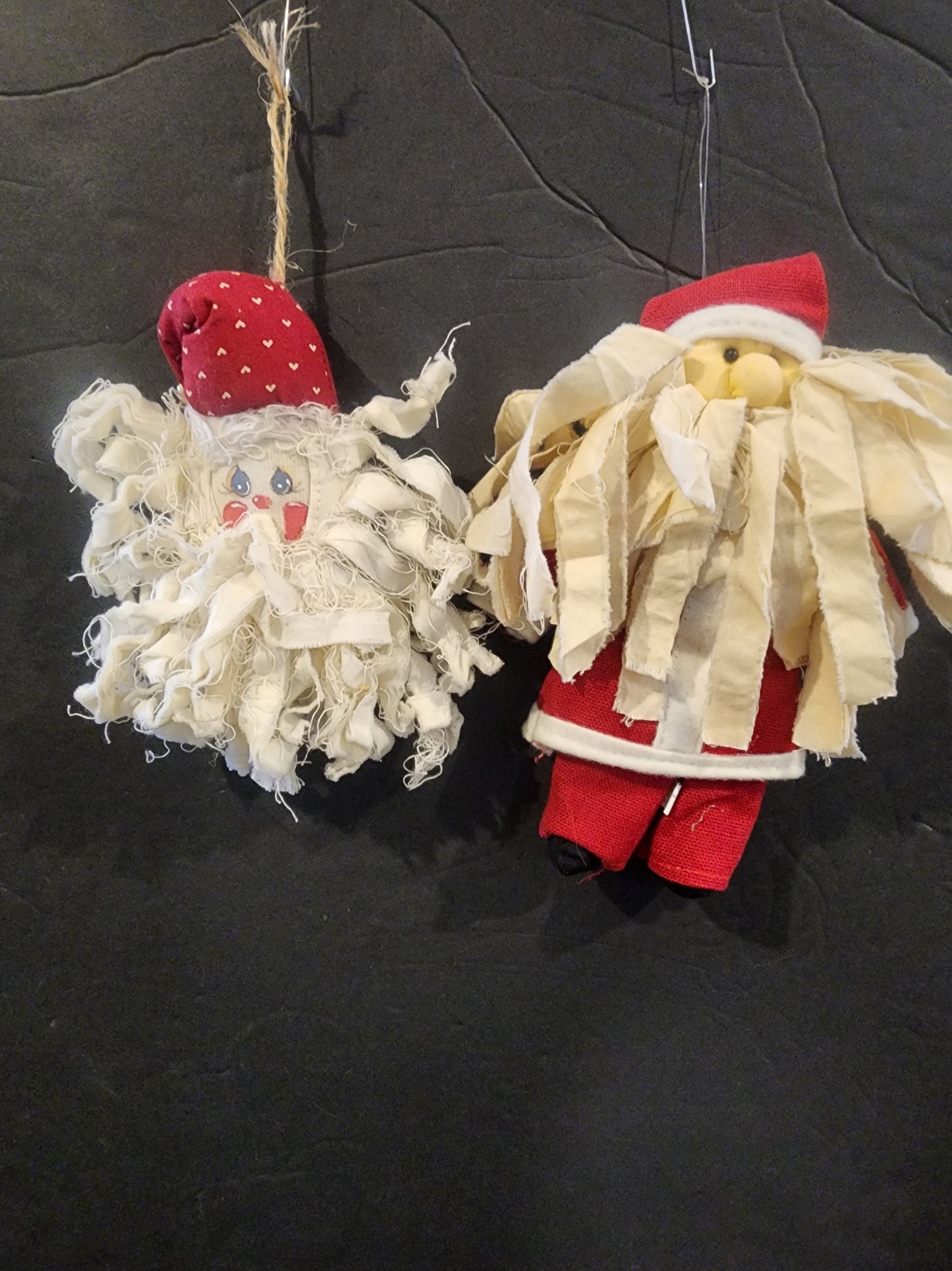 Two Christmas Ornaments Cloth Santa Claus with rag beard
