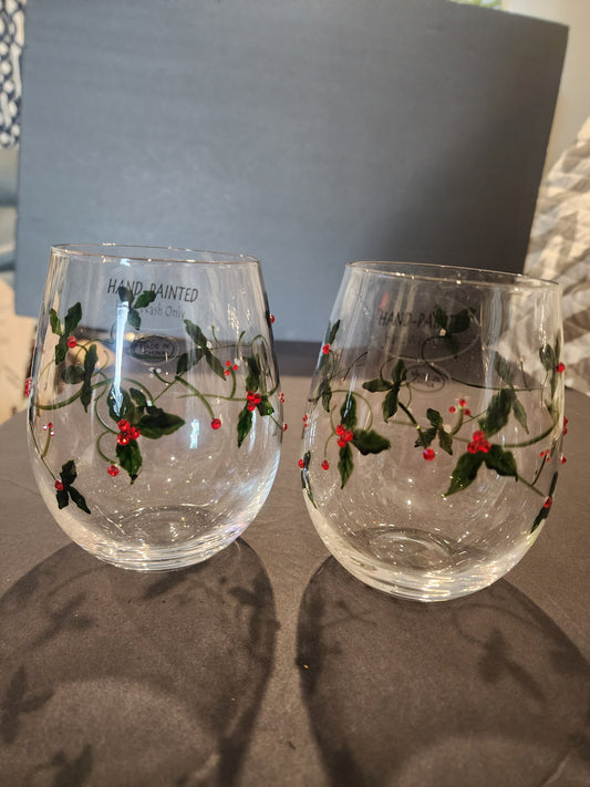 2 Beautiful Christmas Holly Stemless Wine Glasses with Jewels