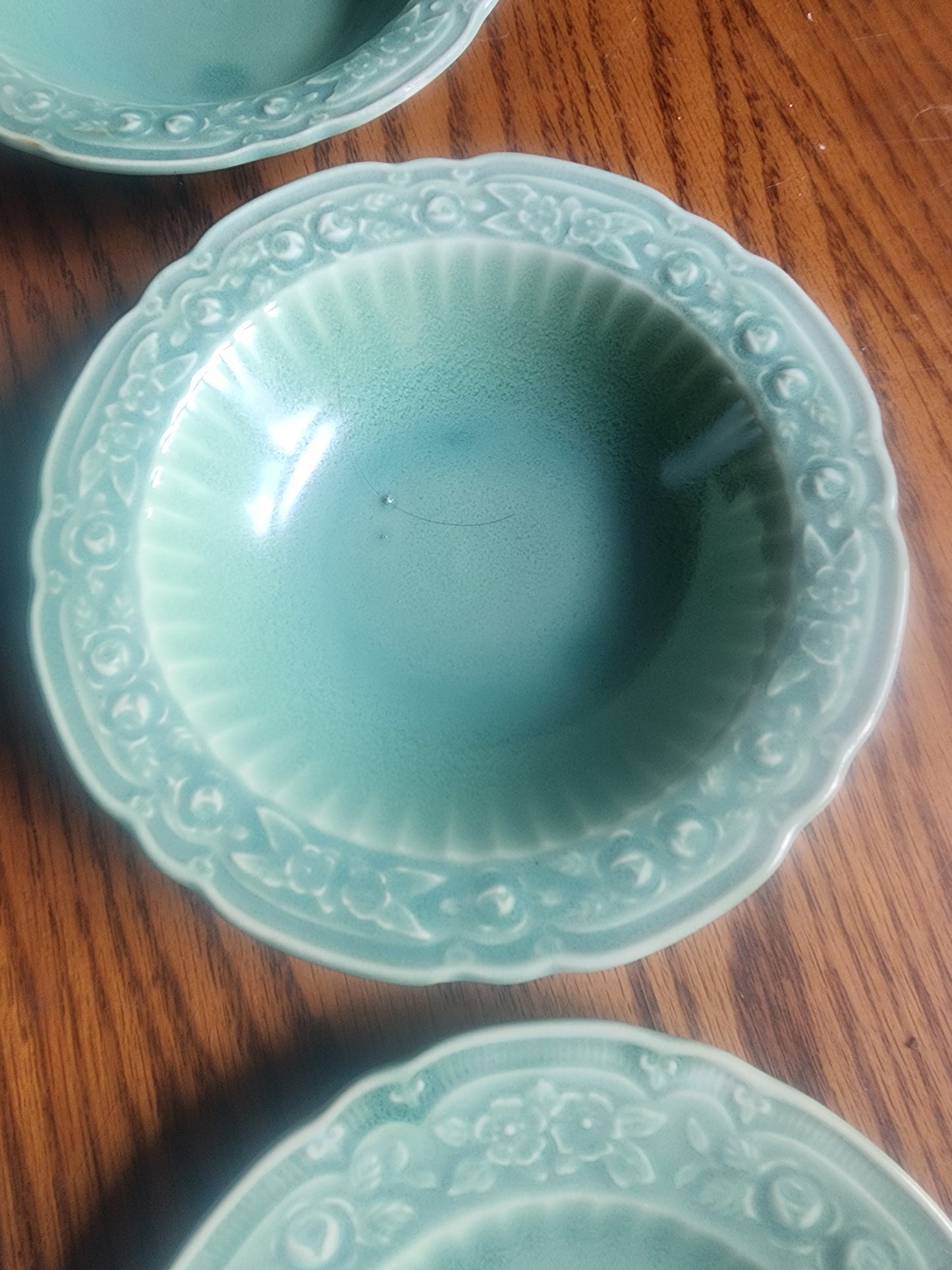 Vintage JMP Antique Green Floral Stoneware 3 Saucers & 2 Small Bowsl  set of 5