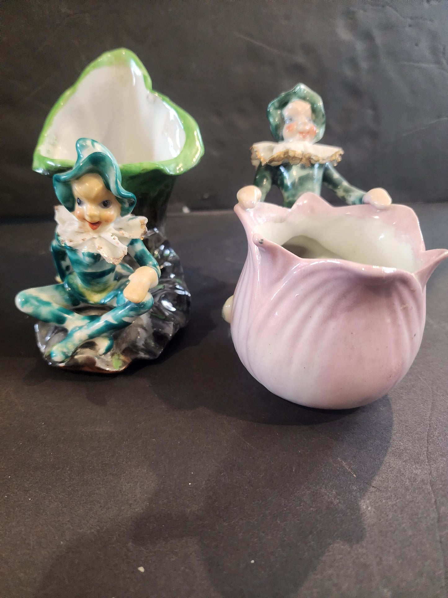 Vintage Mid-Century Green Pixie & Pink Whimsical Tulip Ceramic Planter Set - 1940s/1950s Made in Japan