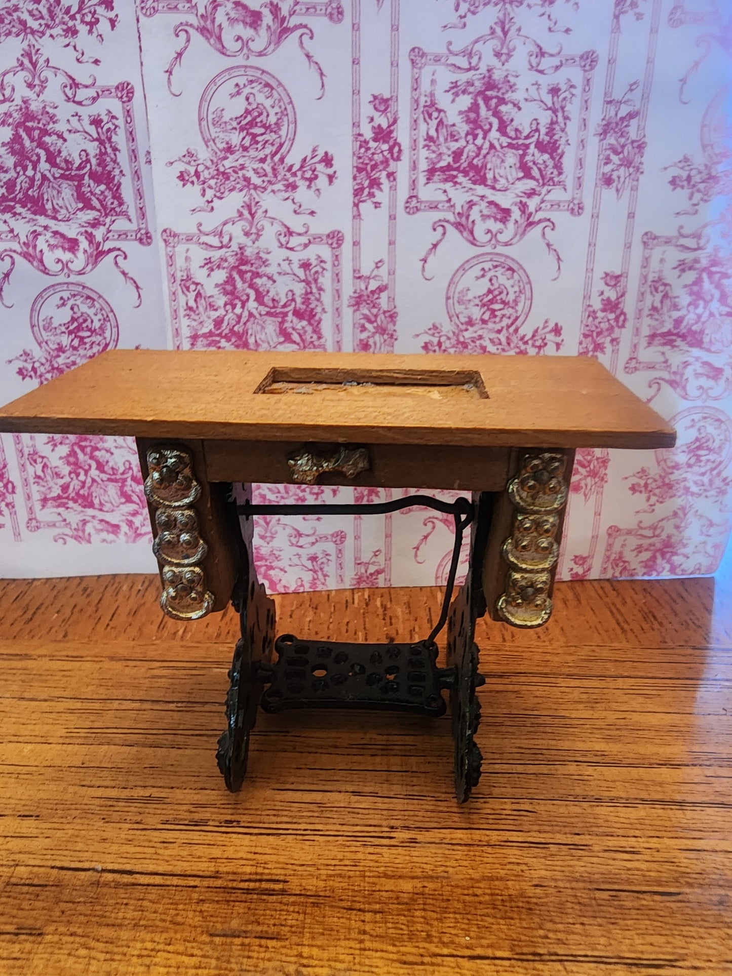 Vintage miniature sewing machine cabinet for dollhouse