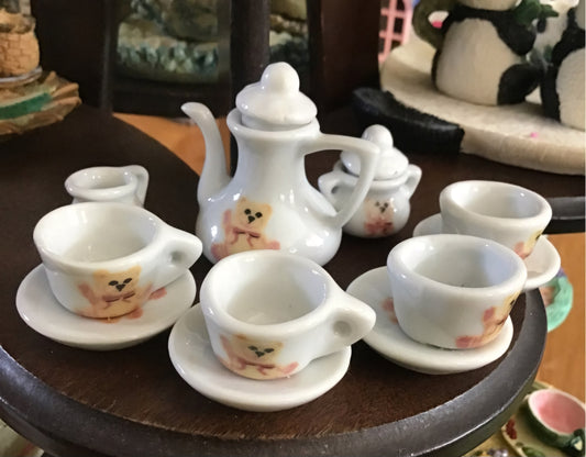 Miniature Porcelain Teddy Bear  Tea Set