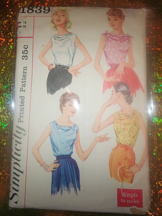 Vintage 1956 Simplicity Pattern 1839 Blouse 4 way neckline