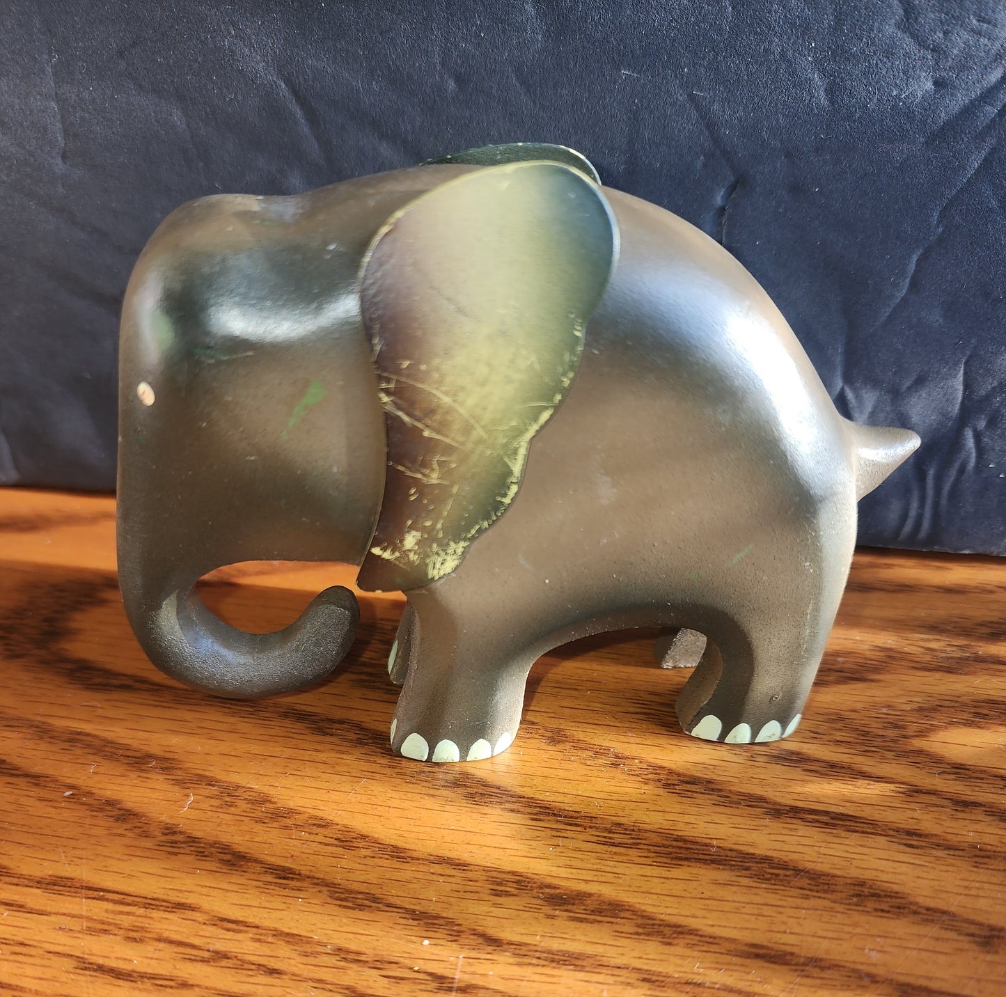 Vintage Wooden Elephant Figurine, Hand Painted,  Metal Ears 5×3×2" Gray Brown