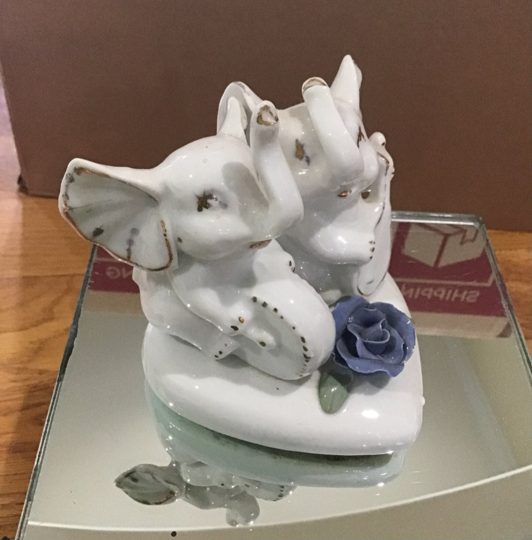 Vintage Victorian  2 sets of Porcelain Elephants on heart base with rose accents