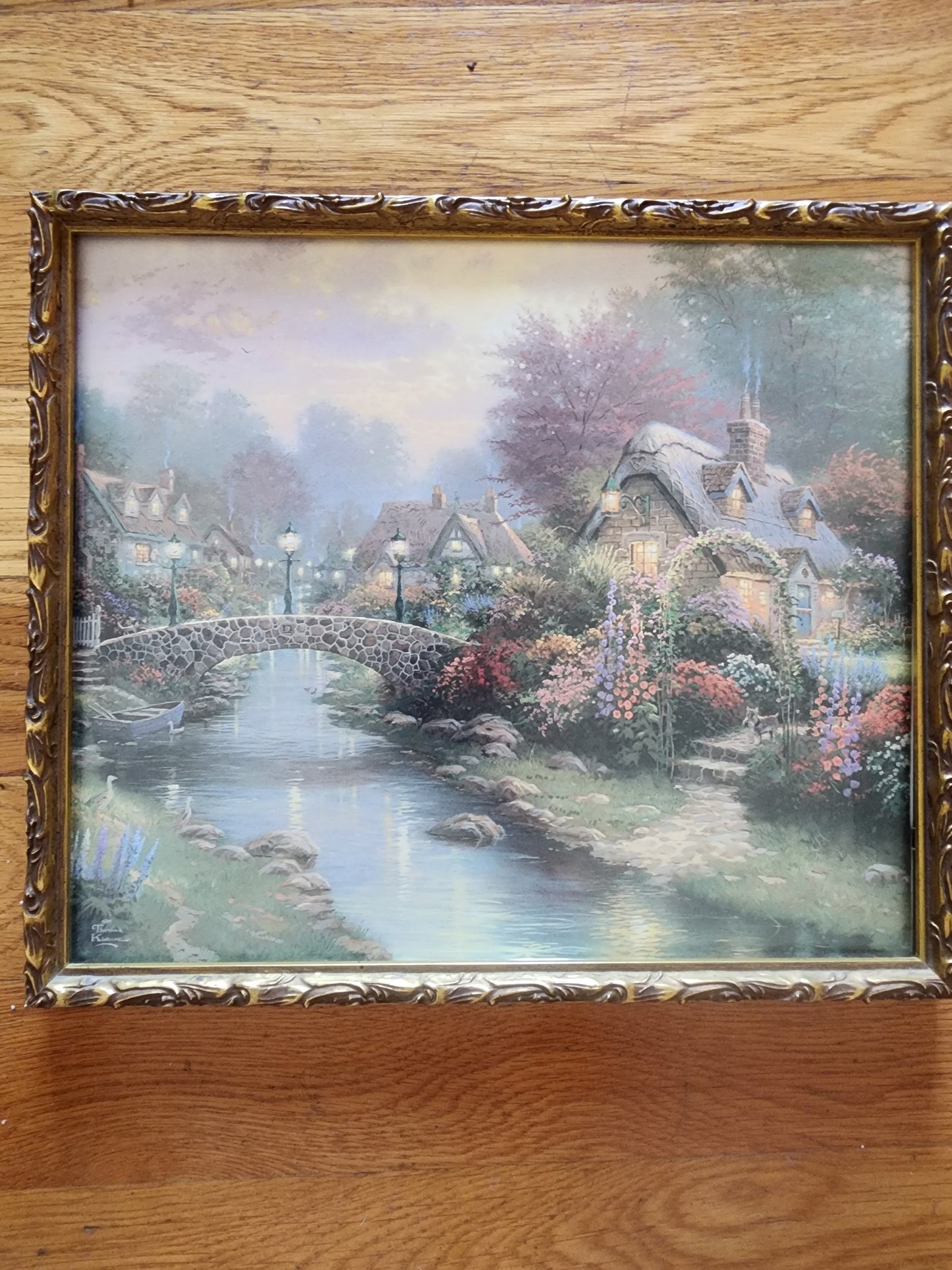 Thomas Kinkade Framed print 14x12" Cottage Bridge of light