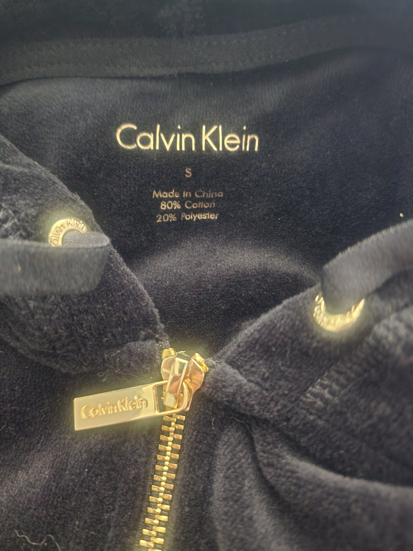 Calvin Klein Velour Jacket Women's Small Black Gold Rhinestone CK Logo Full Zip