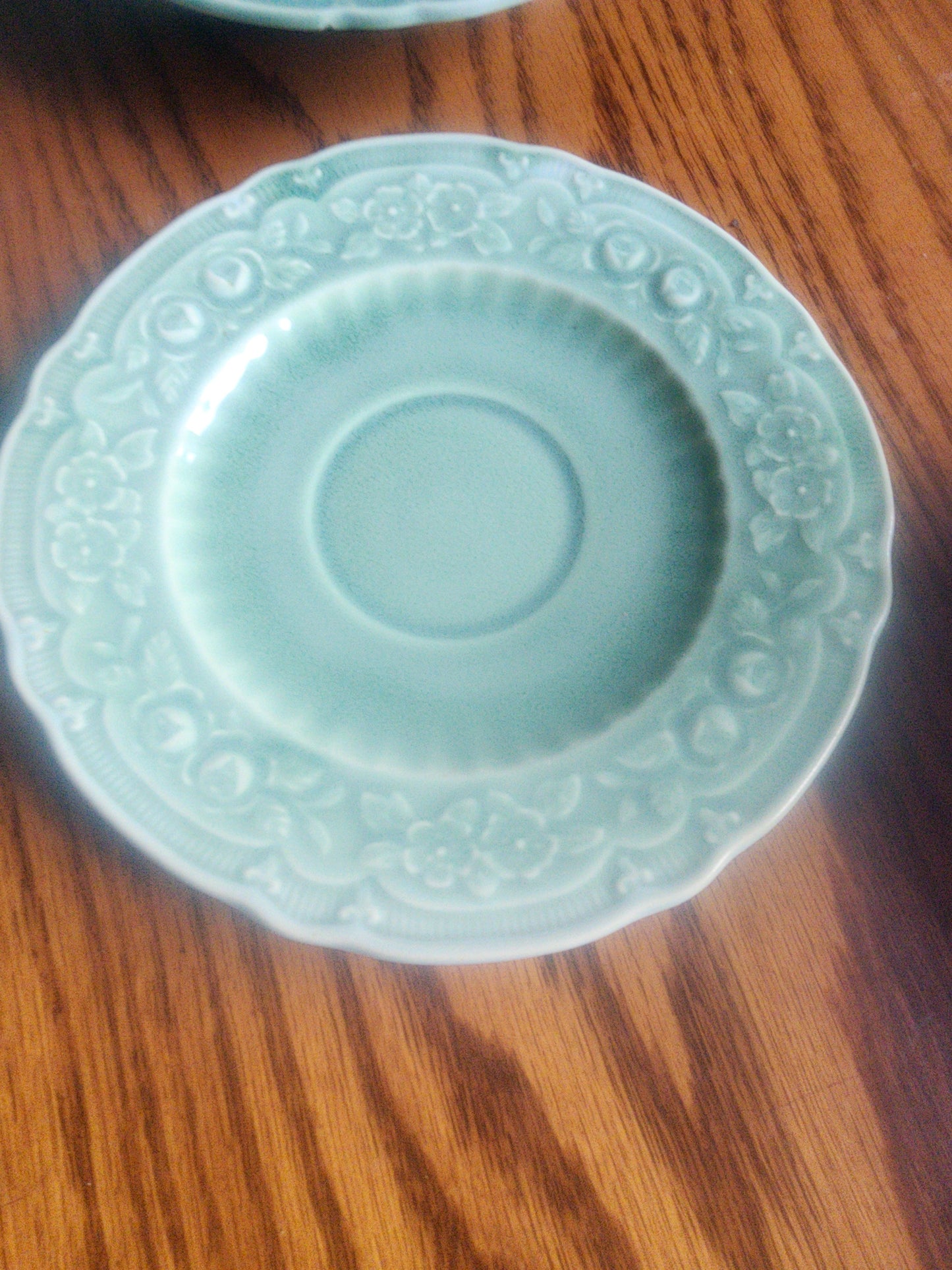 Vintage JMP Antique Green Floral Stoneware 3 Saucers & 2 Small Bowsl  set of 5