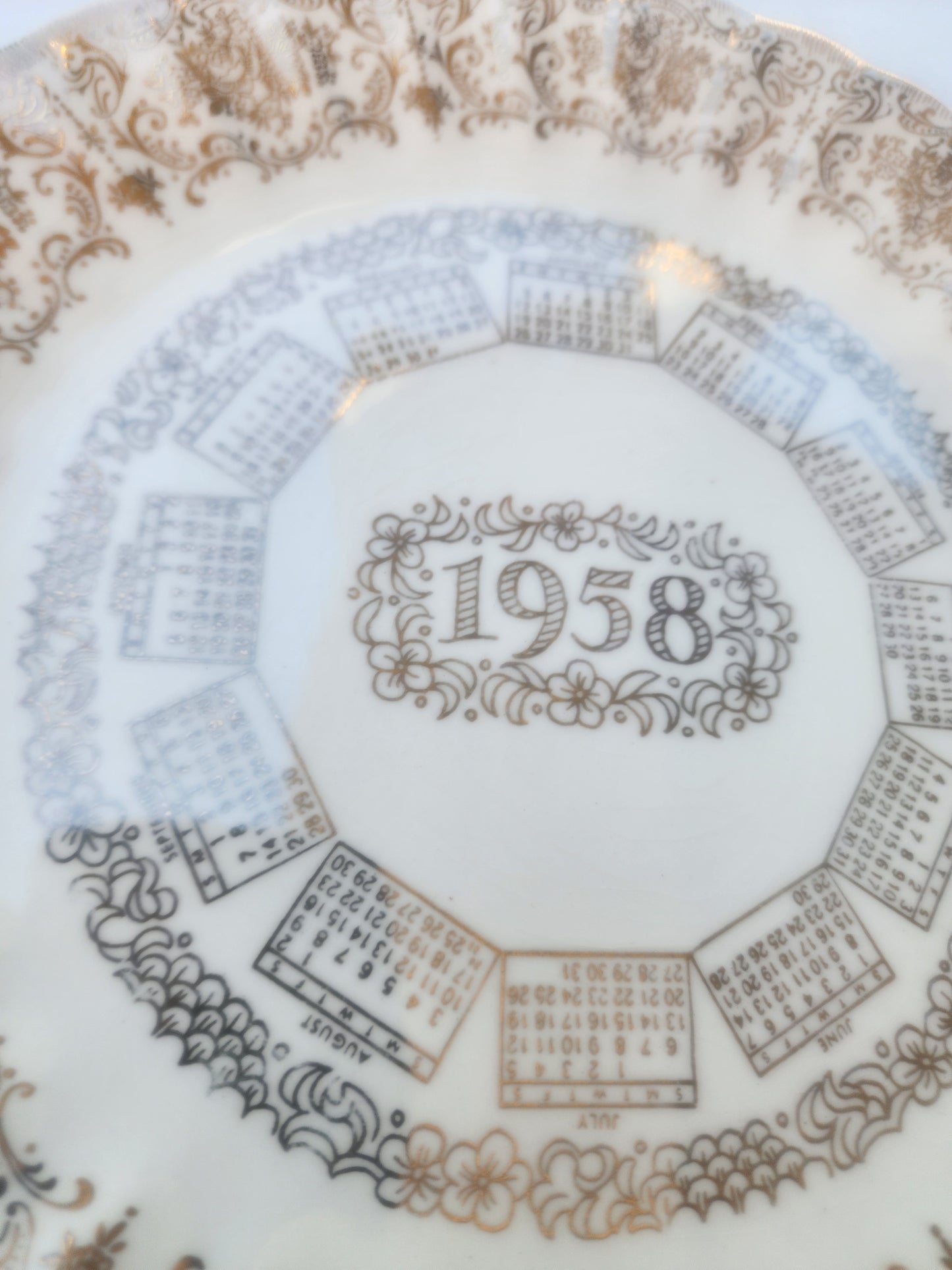 Vintage 1958 Calendar Plate 9.5" | Gold & White Mid-Century Decor