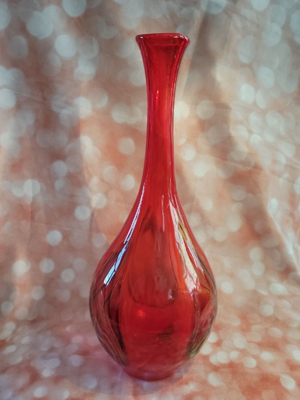 Pier One  blown Red glass vase with yellow, blue and black swirls Retro