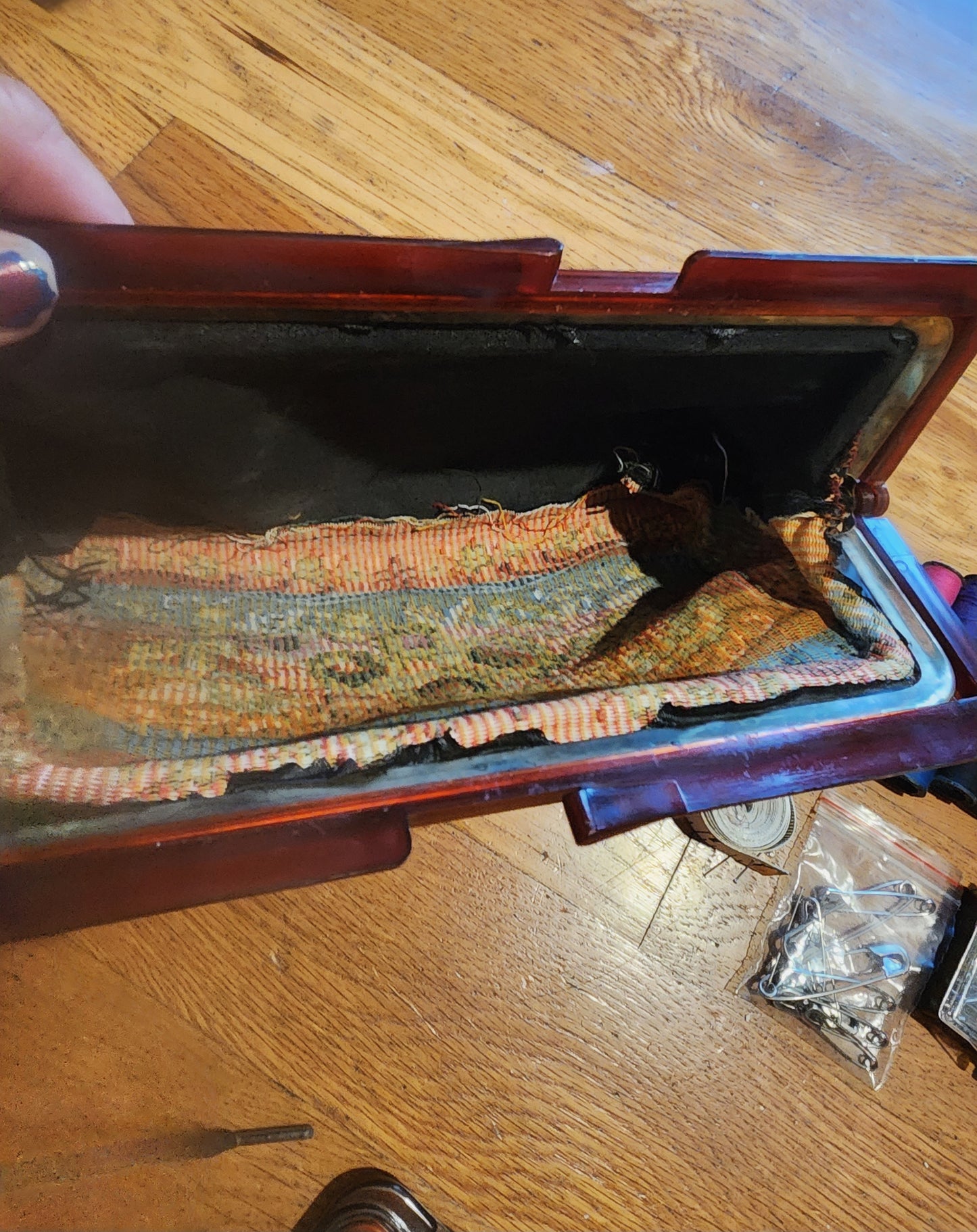 Vintage Tapestry Framed Clutch Purse Floral Amber Lucite Click Closure Black