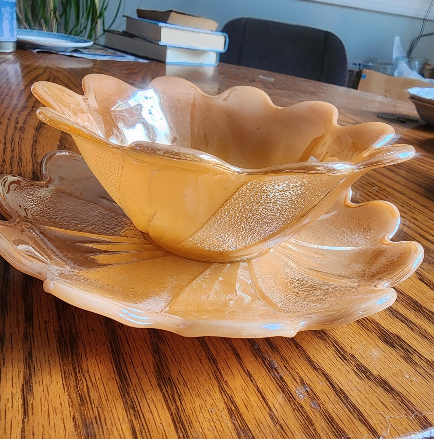 Vintage Fire-King Peach Lustre Petal Bowl & Saucer Set Anchor Hocking Milk Glass