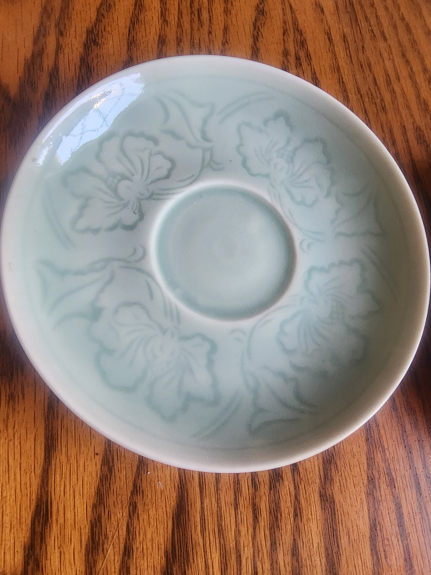 Longquan Celadon porcelain Seafoam Green floral saucers. Set of 2