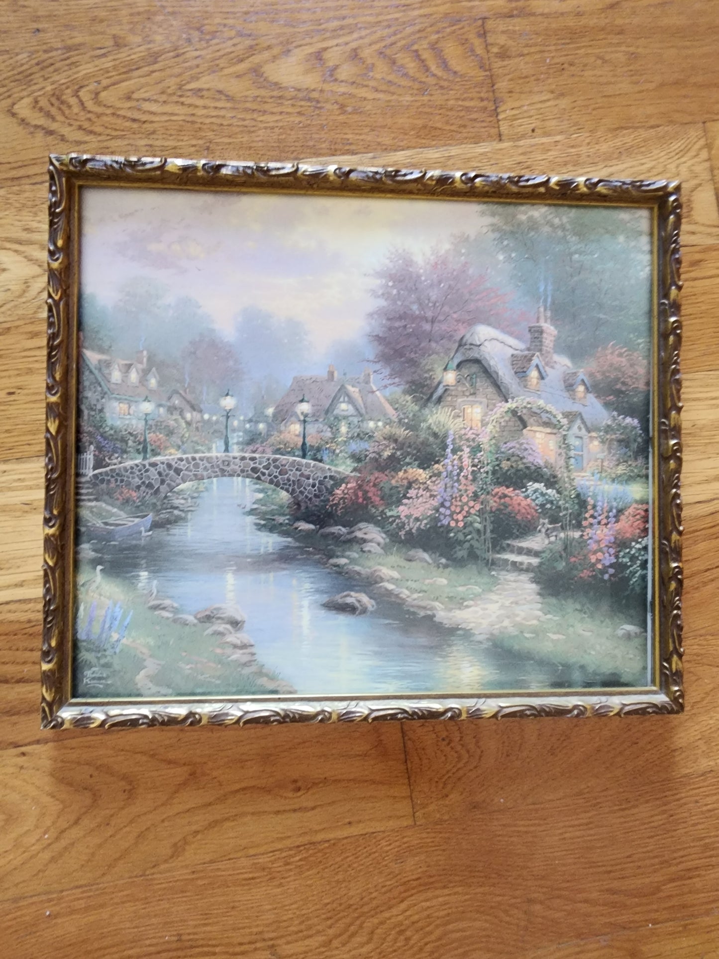 Thomas Kinkade Framed print 14x12" Cottage Bridge of light