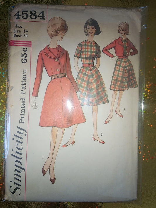 Vintage Simplicity Pattern 4584 size 14 one piece Dress and Jacket cut pattern  1960s