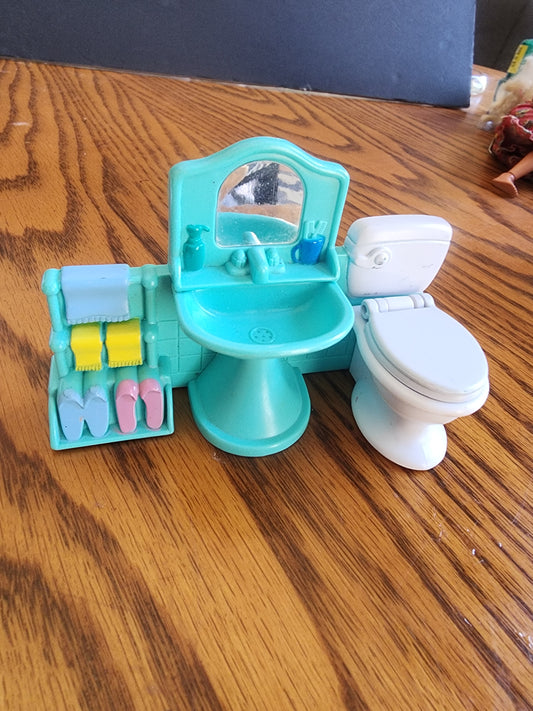 Vtg Keenway Doll House Furniture Toilet Sink Bathroom Fixture 4.5" Turquoise