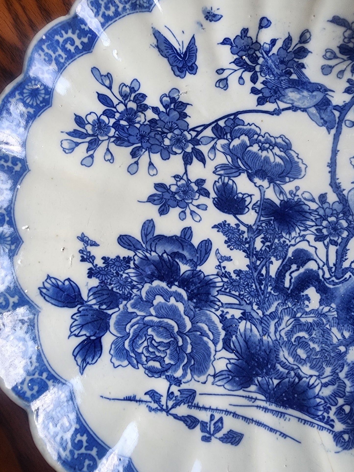 Antique Japanese Arita Blue & White 12" Shallow Bowl Peacock & Peony  Meiji Style