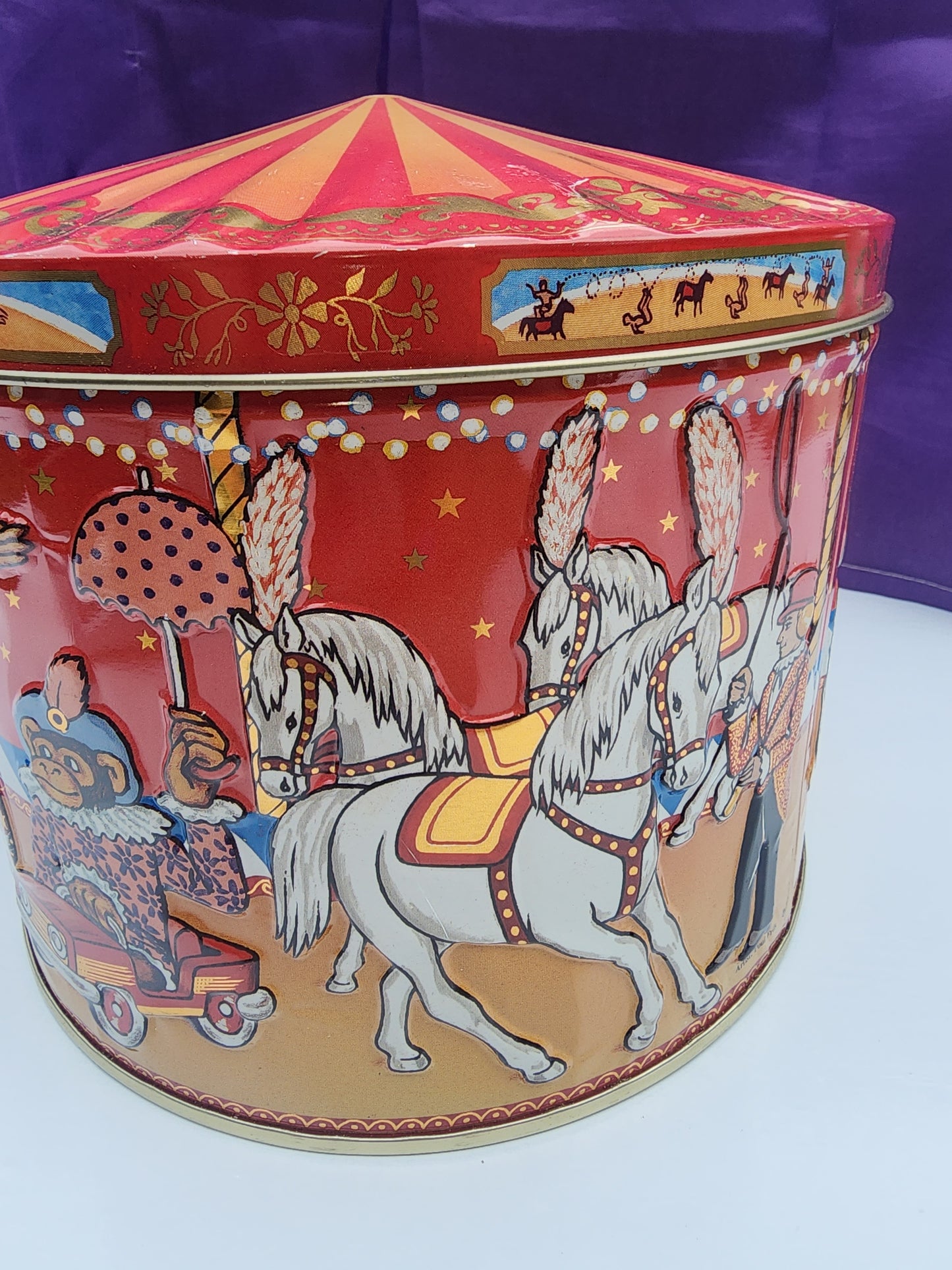 Vintage Poul Friis Big Top Circus Empty Cookie Tin Featuring Elephants, Horses, Monkeys & Lions
