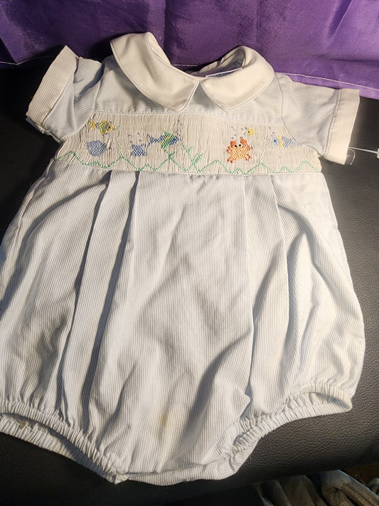 Friedknit Creations Smocked Baby Blue Beach ocean 3 Month Romper for boy