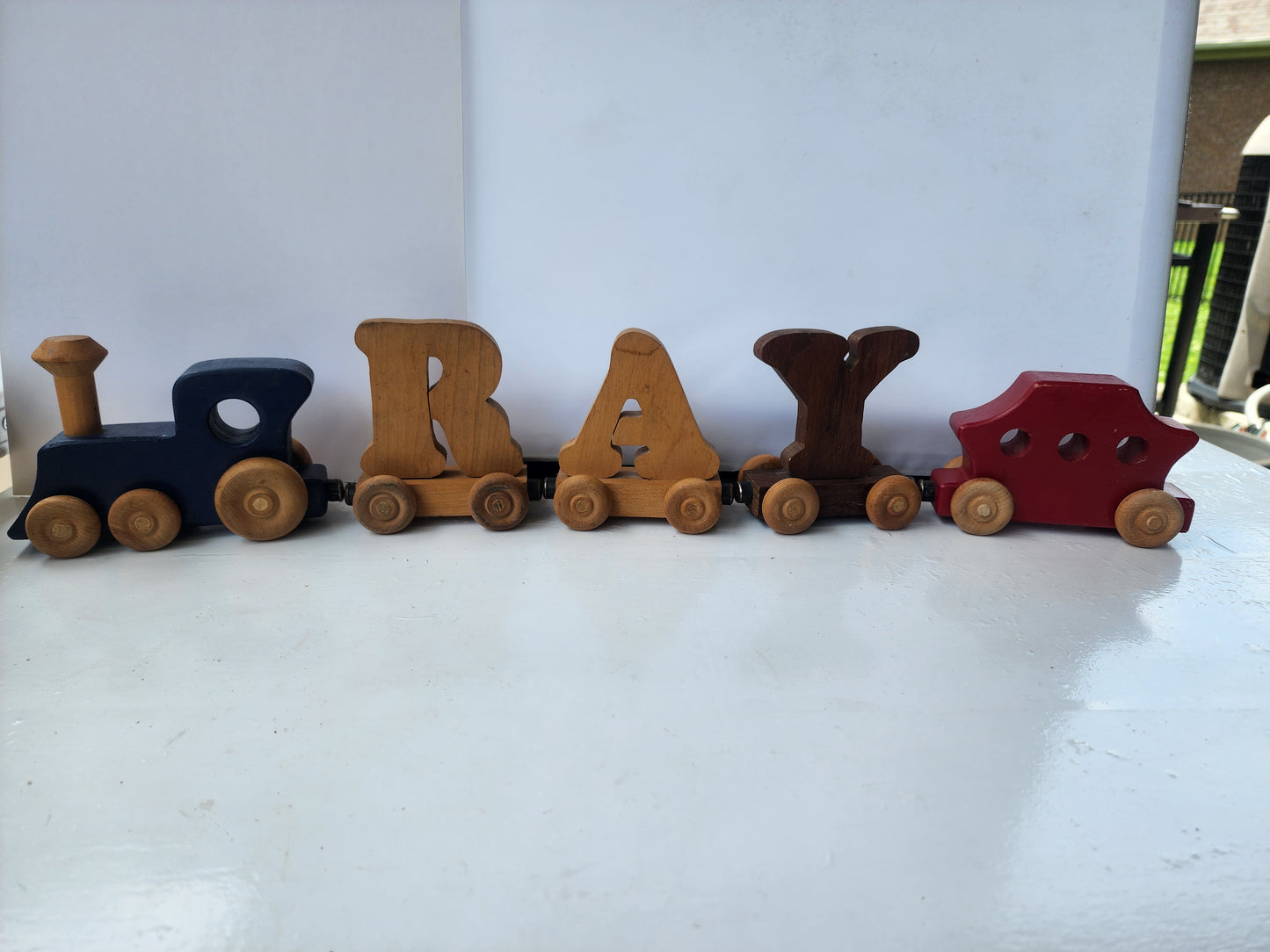 Vintage Wooden Magnetic Name Train – "RAY" (Engine & Caboose)