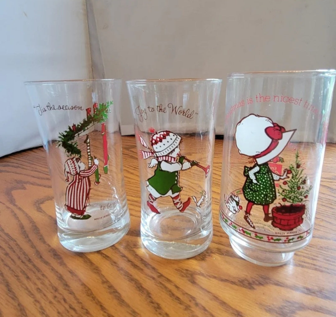 Vintage Holly Hobbie  Christmas Glasses Coca Cola set of 3