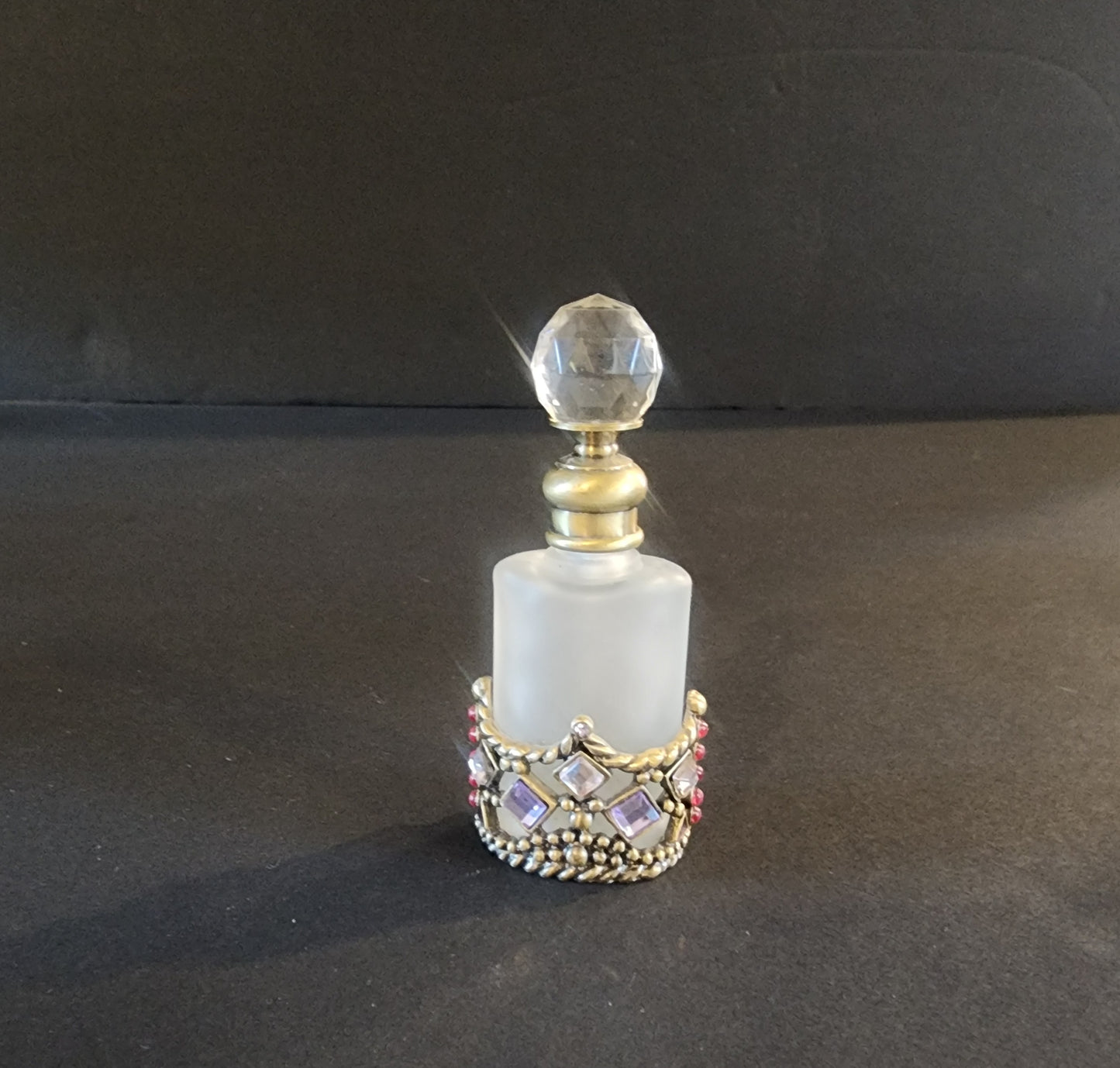 Vtg Perfume Bottle Decanter Rhinestones Purple Pink Jewels Refillable Frosted