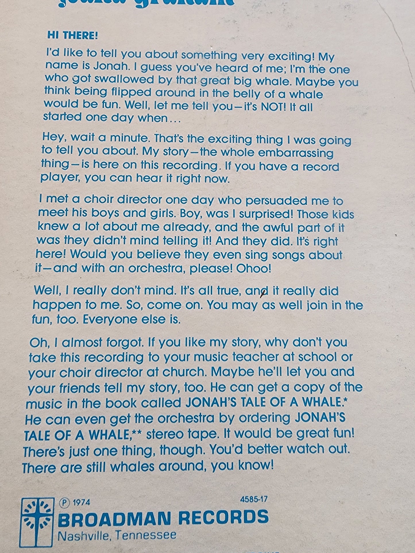 Jonah's tale of the whale 1974 Broadman VTG record vinyl Kids Stories