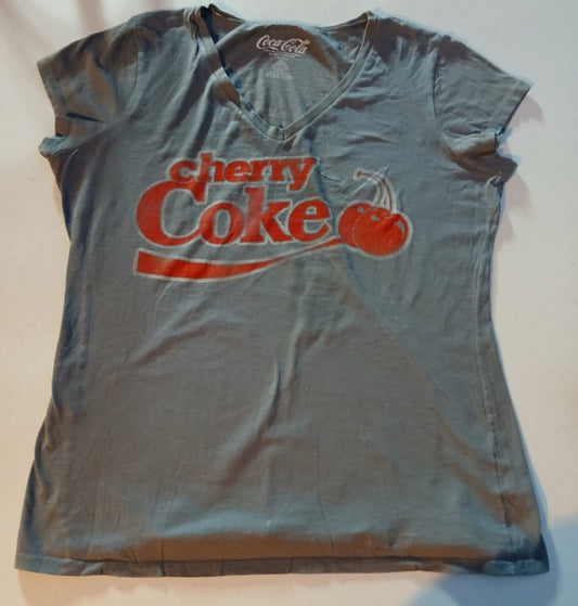 Vintage Cherry Coke Graphic T-Shirt | Women's Gray V-Neck Top | Size Junior XXL (18) Coca-Cola