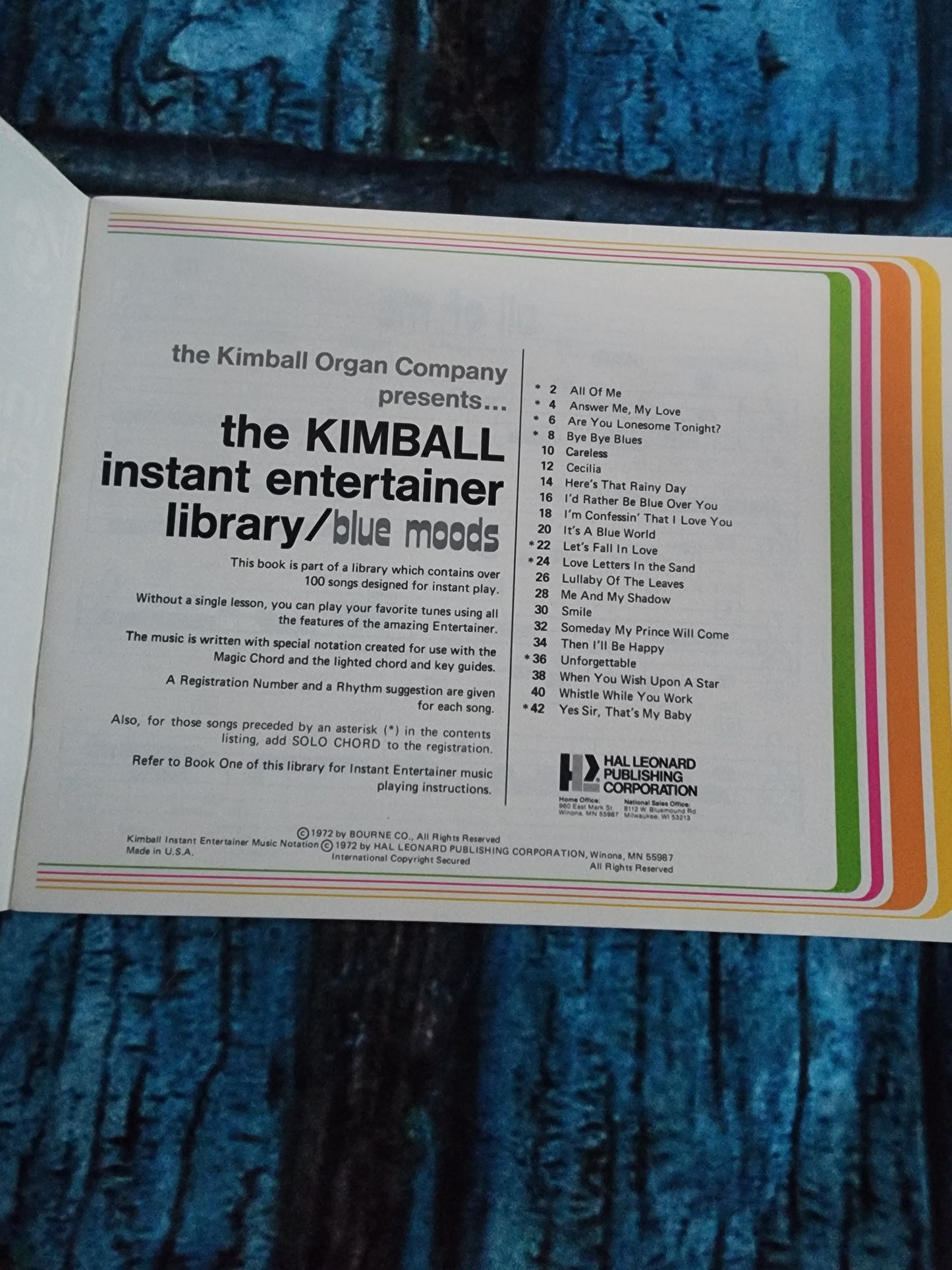 Kimball Instant Entertainer Library Blue Moods Organ Sheet Music Book 1972