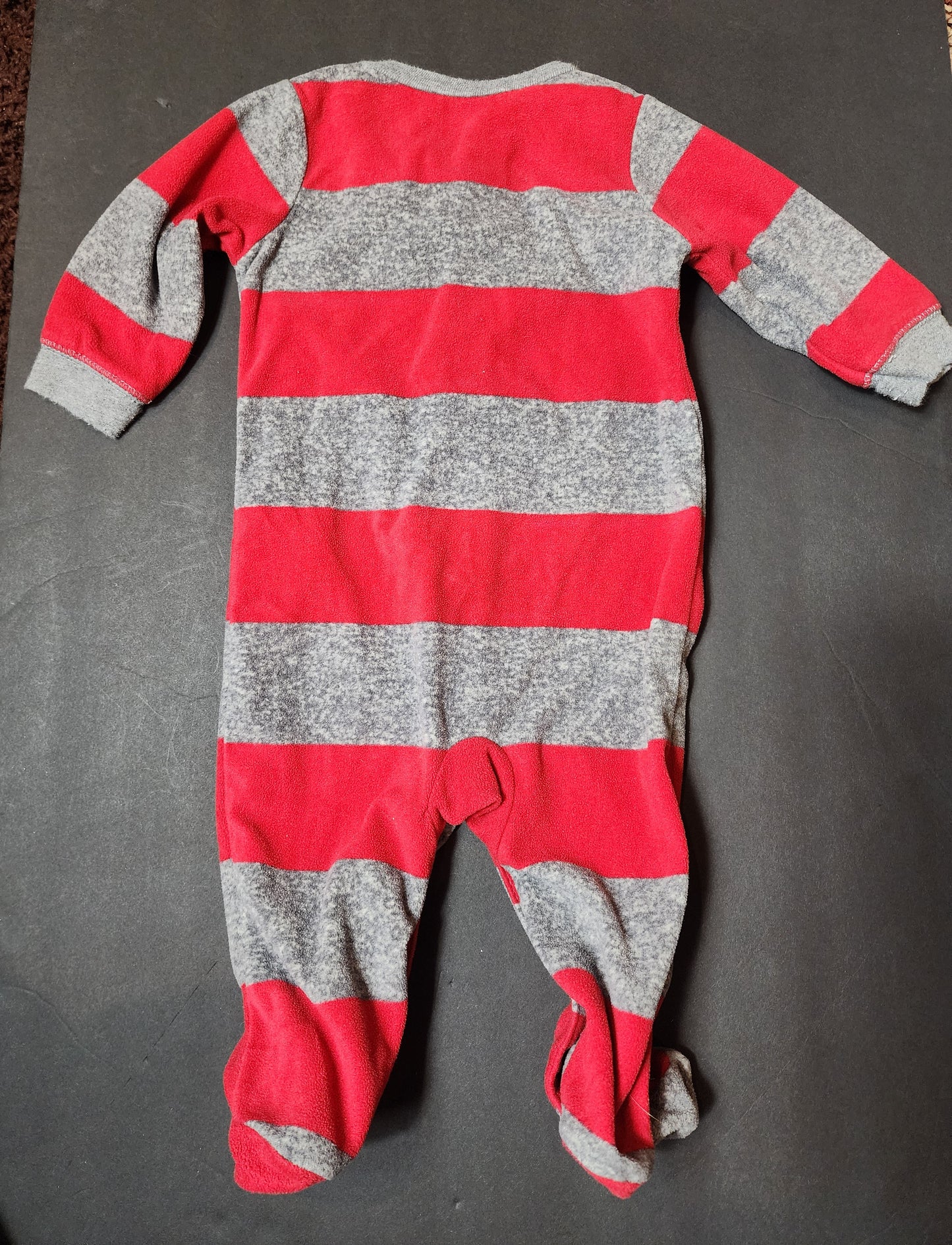 Festive Red Velour Baby's First Christmas & Red and Gray stripe sleeper with a moose
