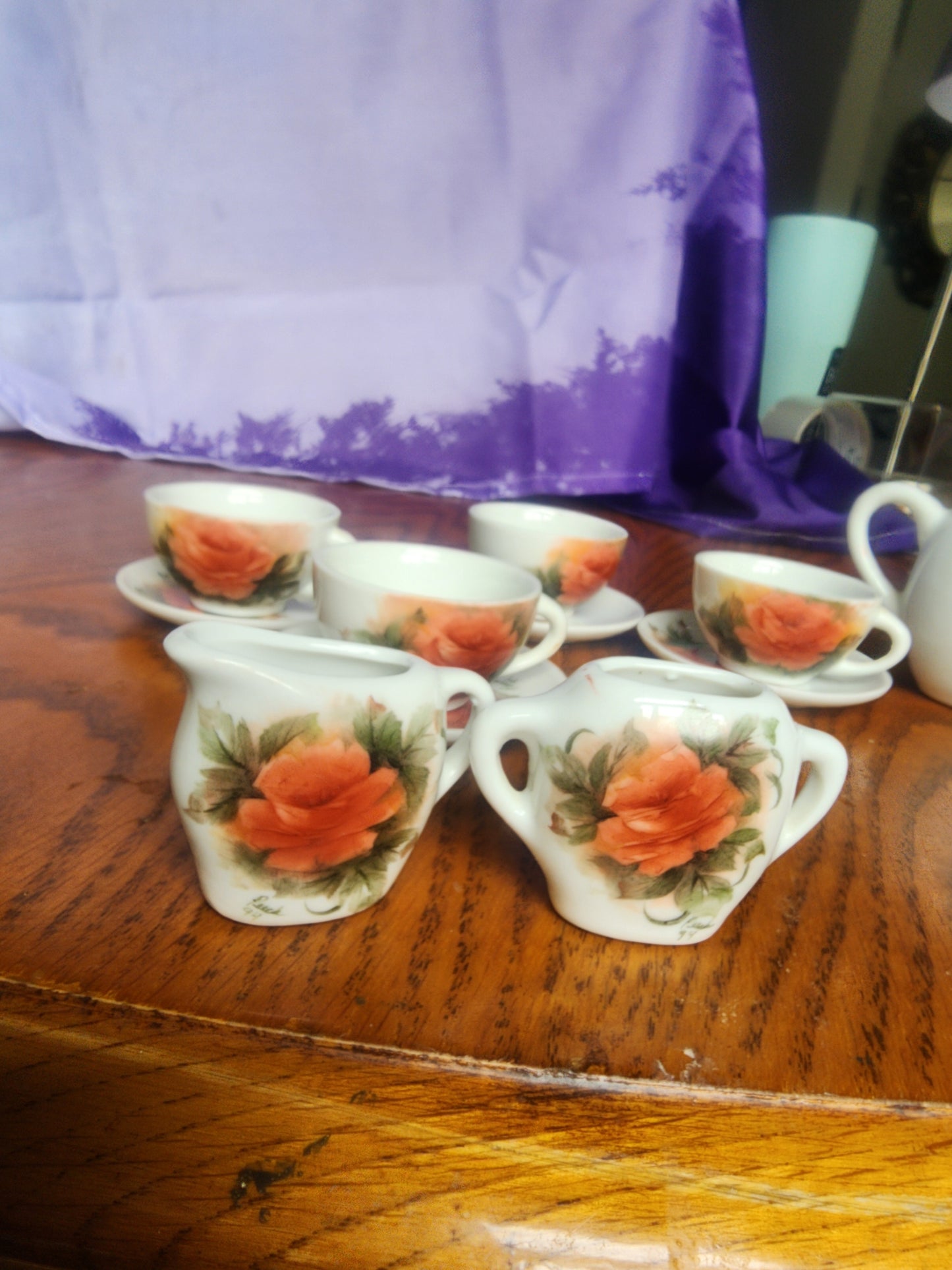 Vintage Miniature  China Peach tea set with Roses 1994