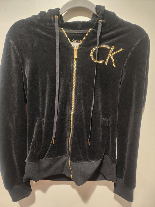 Calvin Klein Velour Jacket Women's Small Black Gold Rhinestone CK Logo Full Zip