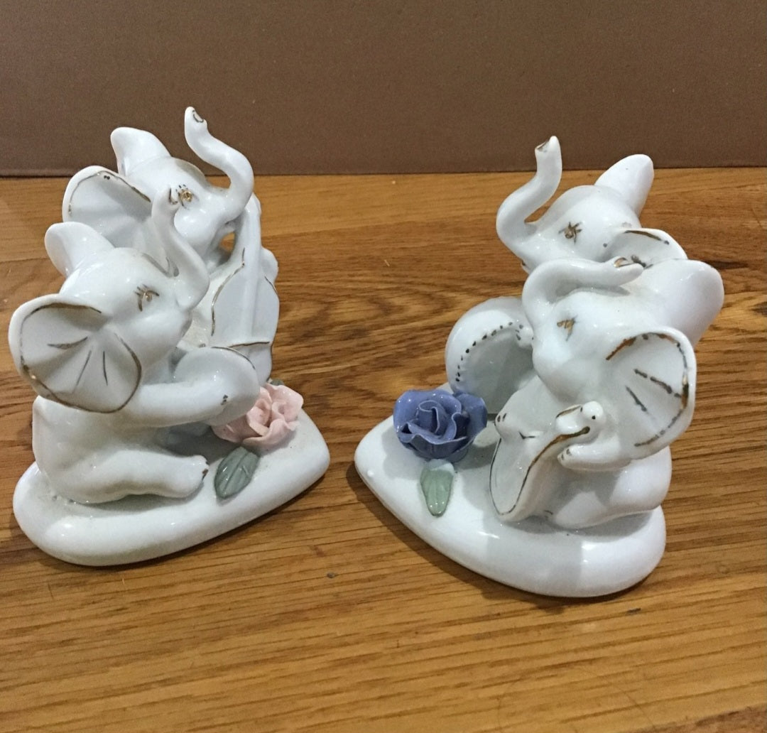 Vintage Victorian  2 sets of Porcelain Elephants on heart base with rose accents
