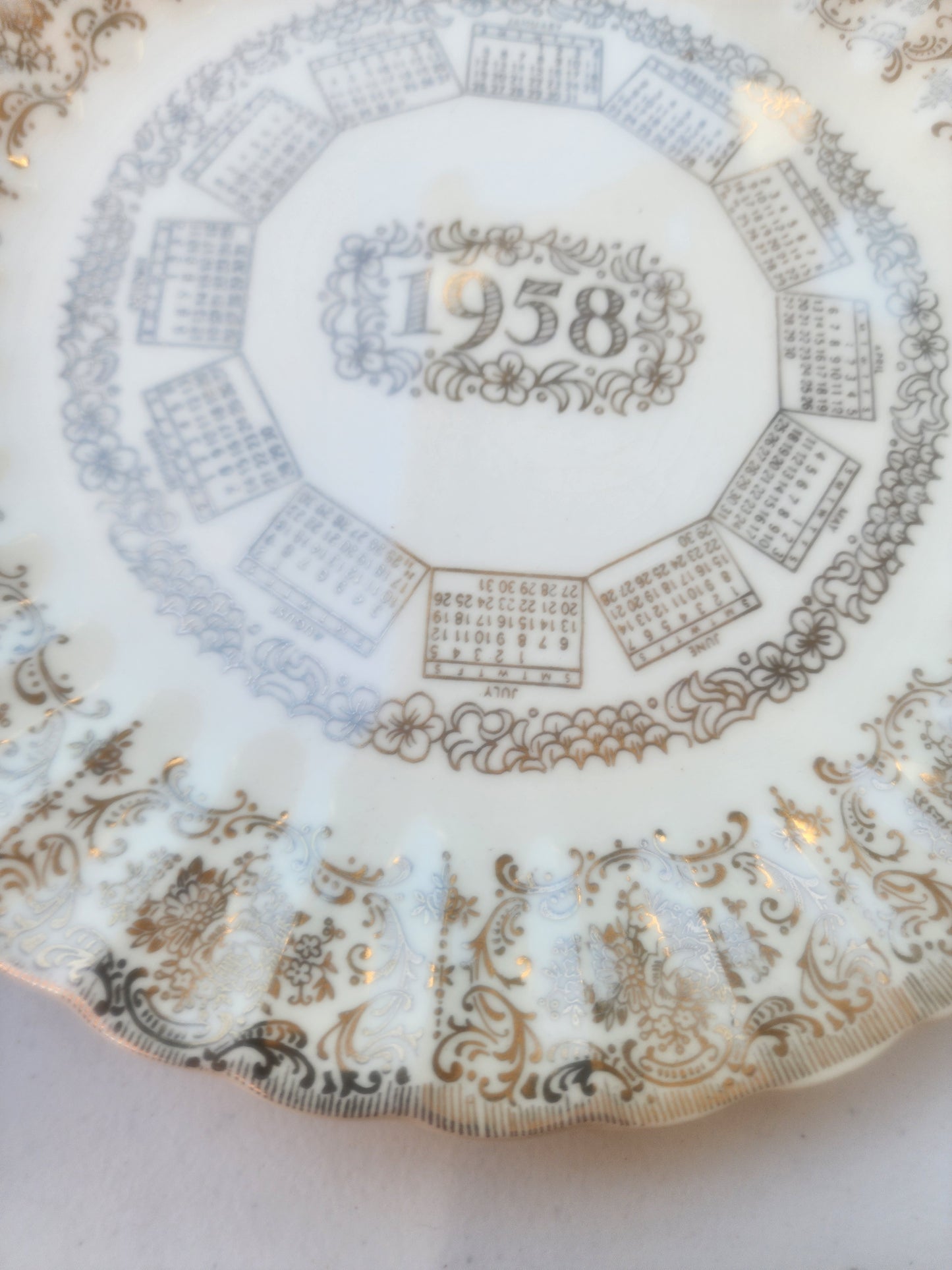 Vintage 1958 Calendar Plate 9.5" | Gold & White Mid-Century Decor