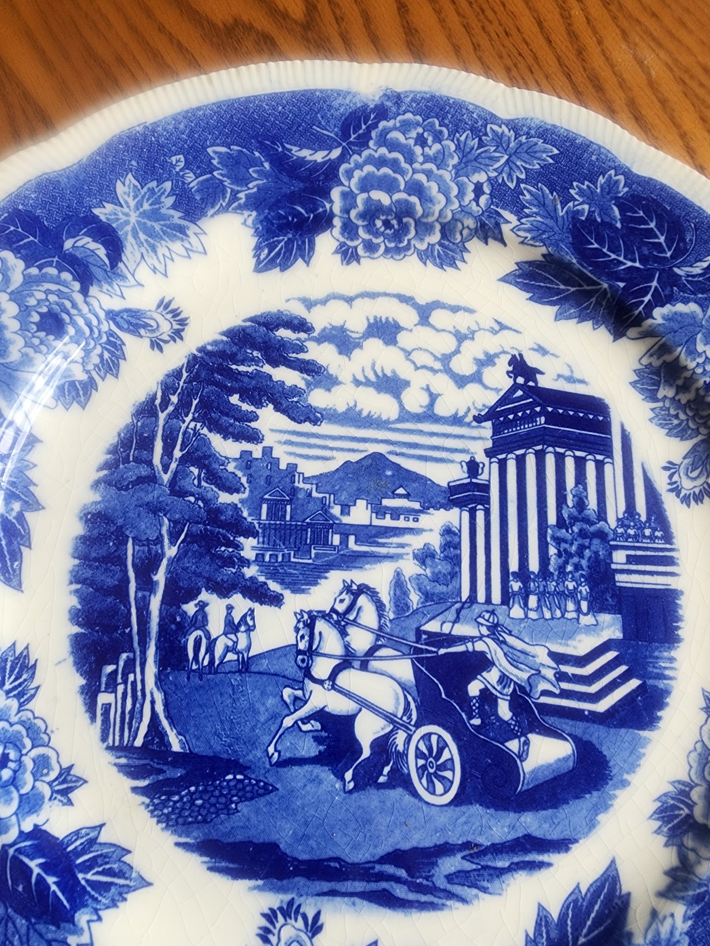 HB Japan Flow Blue China Platter Antique Greek Roman Chariot Architecture 12.25"
