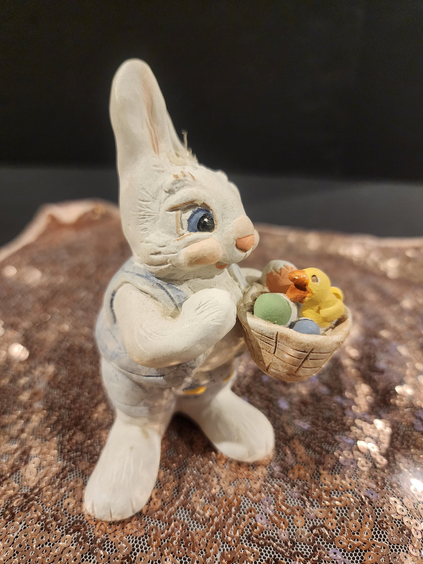Vintage Dreamsicle Easter Bunny Figurine W/ Basket & chick