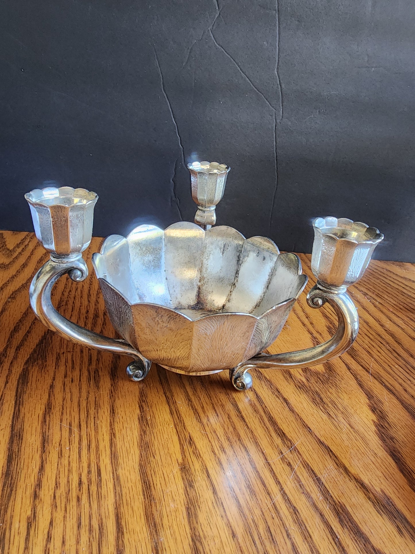 Vintage Italian Tole Metal Flower Bowl 3-Candle Candelabra Centerpiece Italy